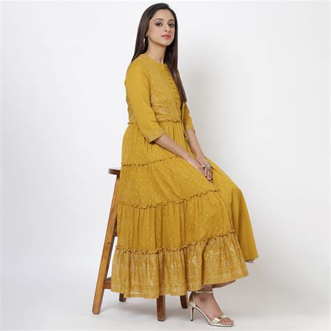 Buy Mustard Cotton Flared Printed Kurta Online at Biba India