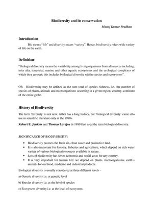 Biodiversity - Lecture notes 1-6 - Unit: BIODIVERSITY (Reading material ...