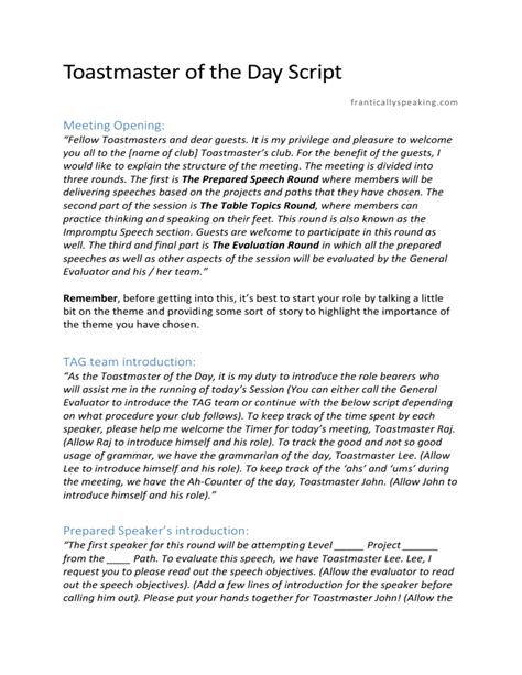 Image result for Toastmaster of the Meeting Script