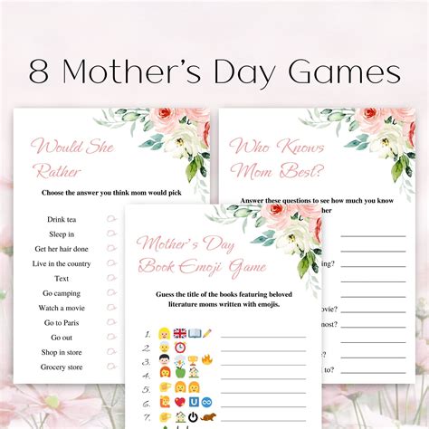 8 Printable Mothers Day Games, Floral Mothers Day Game Bundle for ...