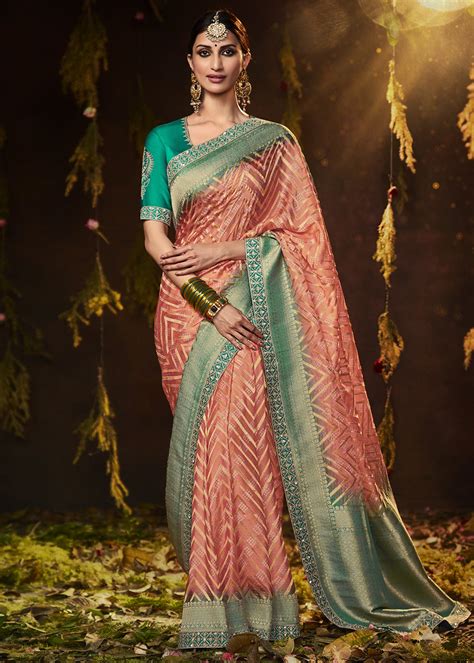 SALMON ORANGE WOVEN PURE GEORGETTE BANDHANI SAREE WITH BANARASI SILK B ...