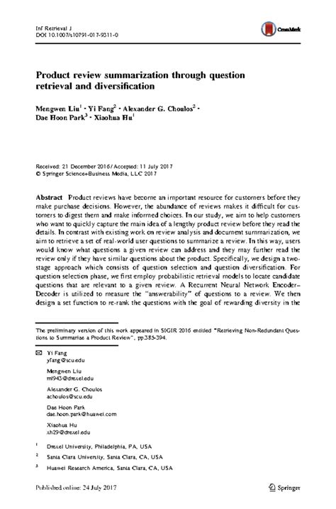 J1 - asdfghjk - Product review summarization through question retrieval ...