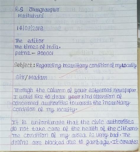 write the letter to the health officer complaining about the insanitary ...