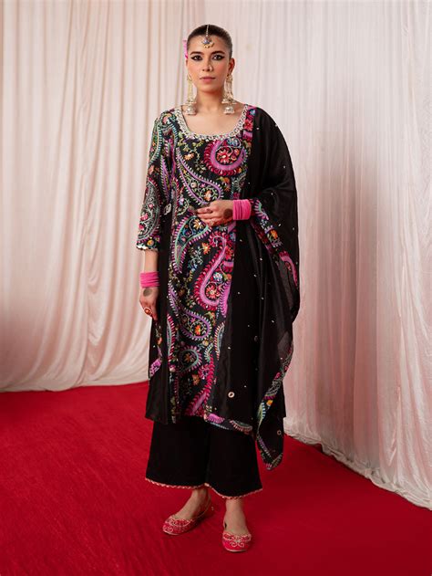 Green Printed Chanderi Silk Embroidered One Shoulder Kurta with Sharara ...