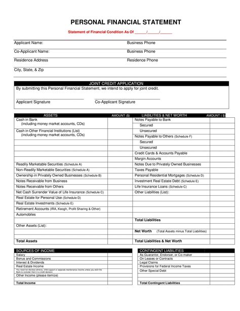 Image result for Personal Financial Statement Example
