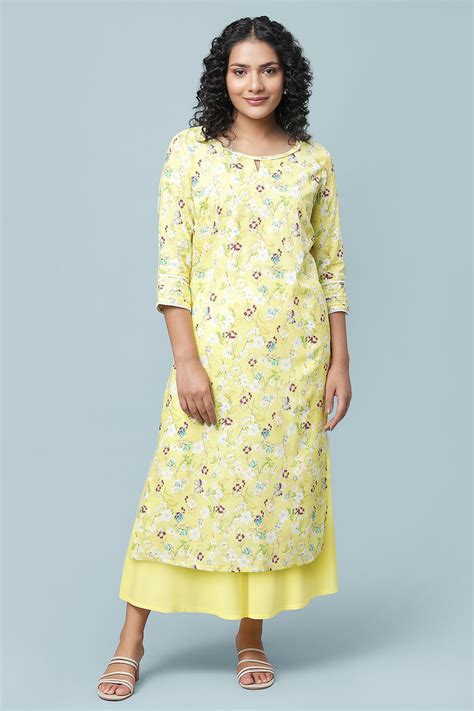 Buy Yellow Floral Printed Straight Kurta and Culotte Set Online for ...
