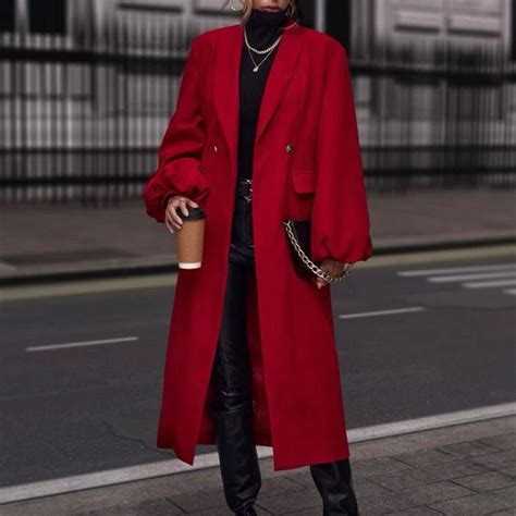 Red Calf Length Puff Lantern Sleeve Coat | Red coat outfit winter ...