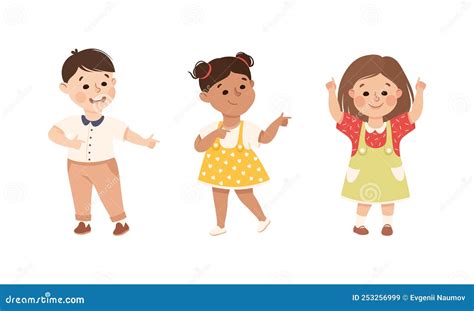 Funny Kids Pointing At Something With Extending Hand And Index Finger Vector Set | CartoonDealer ...