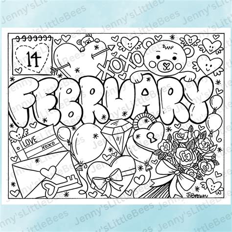 February Printable Coloring Page- Hand-drawn February Coloring Page - Month Color Sheet ...
