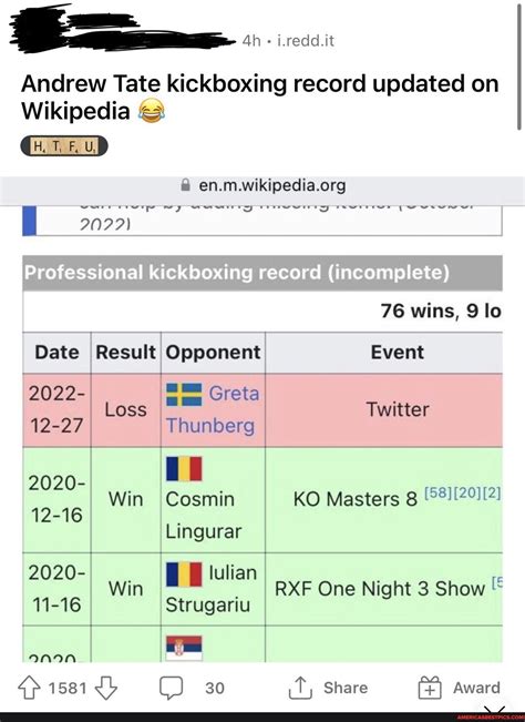 Ah i.redd.it Andrew Tate kickboxing record updated on Professional ...