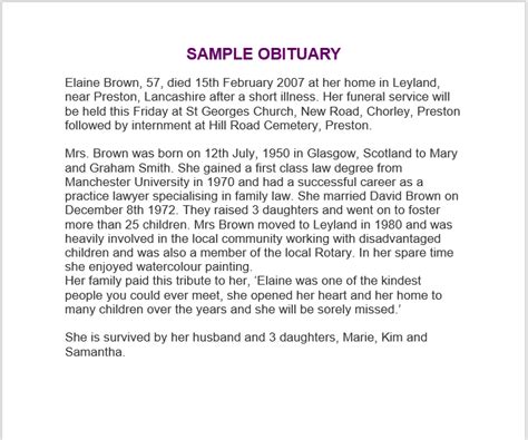 Image result for Sample Obituary