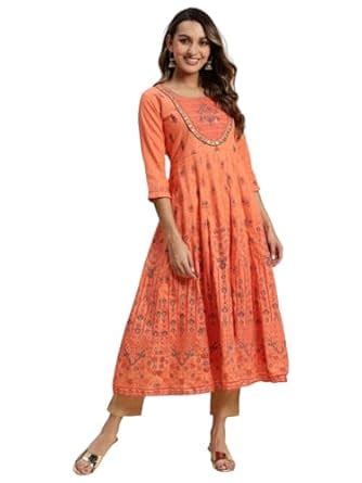 Buy rangita Orange Cotton Calf Length Embroidered Flared Kurti for ...