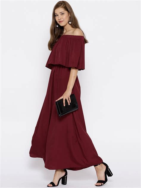 Berrylush Women Solid Maroon Off-Shoulder Three-Quarter Sleeve Crepe F