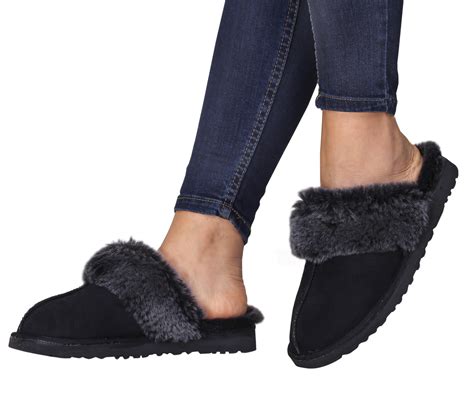 Women's Sheepskin Slippers Black - Zavelio | Genuine Sheepskin