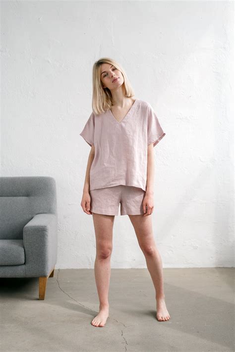 Linen Pajama Set / Sleepwear Set / Linen Pyjamas/ Linen V Neck Blouse ...