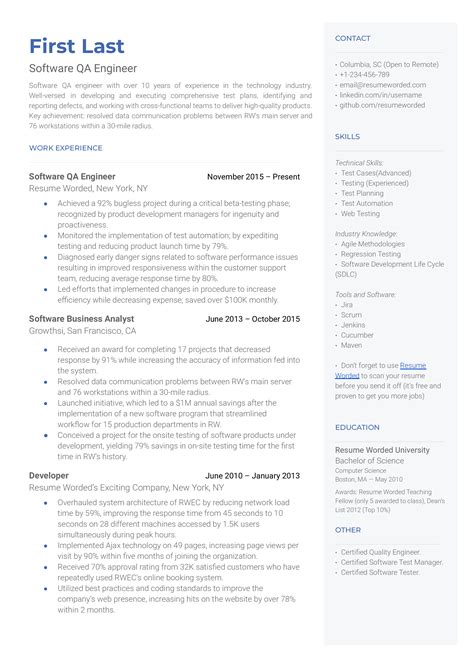 Software QA Engineer Resume Examples for 2025 | Resume Worded