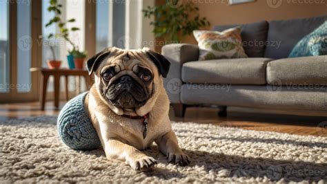 A pug lying on a cozy rug in a bright, inviting living room. 54212469 ...