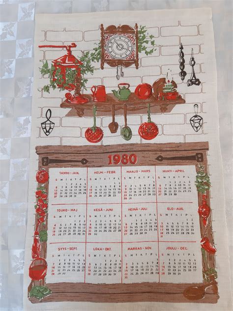 Vintage Collectible 1980 Year Cotton Linen Print Wall Calendar Print ...