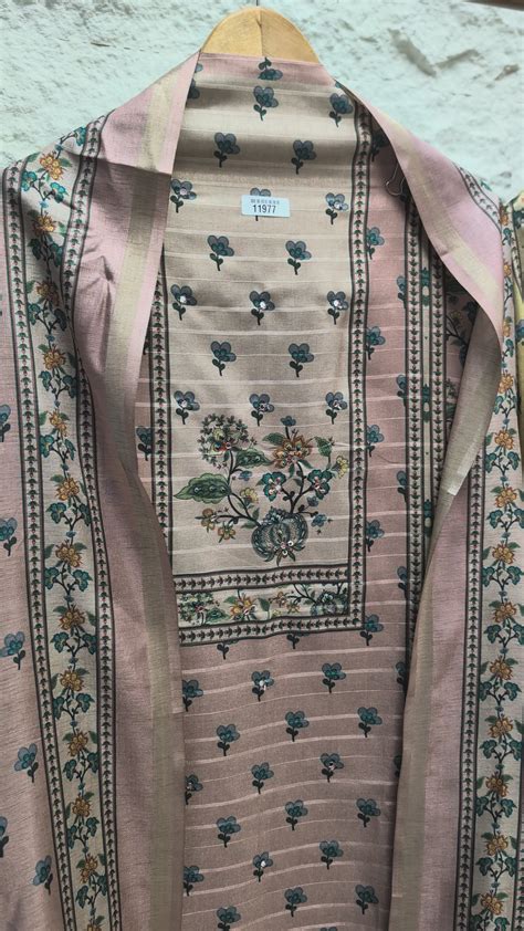 Beige Pure Tusser Silk Printed Unstitched 3-Piece Suit (Devri – D.No 1