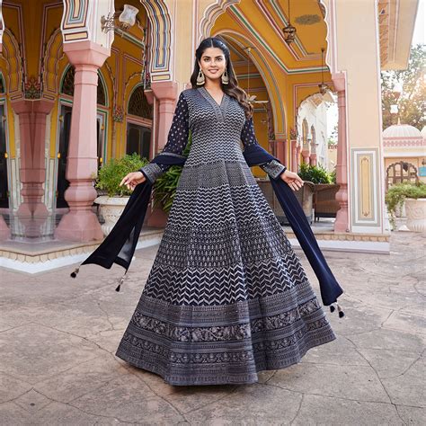 Navy Zig Zag Printed Long Anarkali Gown – Suvidha Fashion