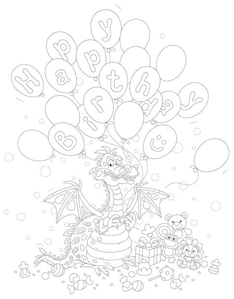 Geburtstagskarte mit einem lustigen Drachen, der Luftballons zwischen ...