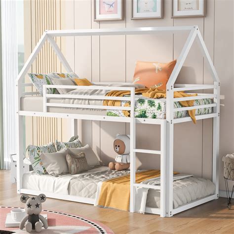 Amazon.com: Merax Modern Heavy Metal House Low Bunk Bed Twin Over Twin ...