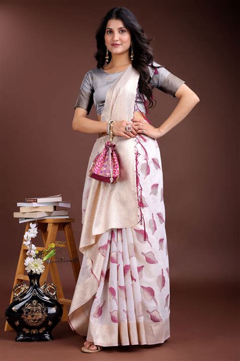 White and Purple Cotton Silk Saree with Leaf Motifs and Zari Border Ta