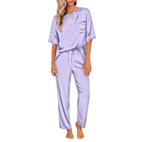 DAKIMOE Womens Silk Satin Pajama Set Short Sleeve Shirt with Long ...