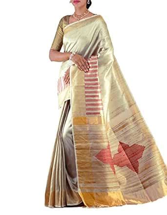 Buy UNNATI SILKS Women Handloom Cream Pure Muga Tussar Silk Saree with ...