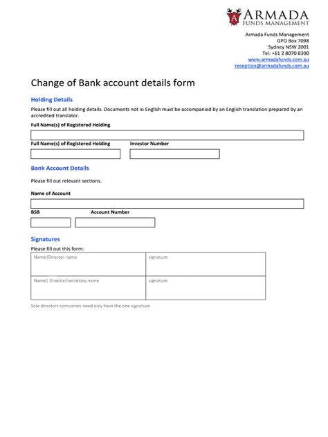 2012-2026 AU Armada Funds Change of Bank Account Details Form - Blank ...