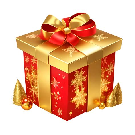 3D red gift box with golden ribbon and Christmas tree on transparent ...