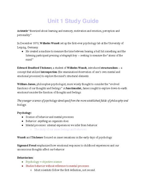 AP Psychology - Unit 1 Study Guide - Unit 1 Study Guide Aristotle ...