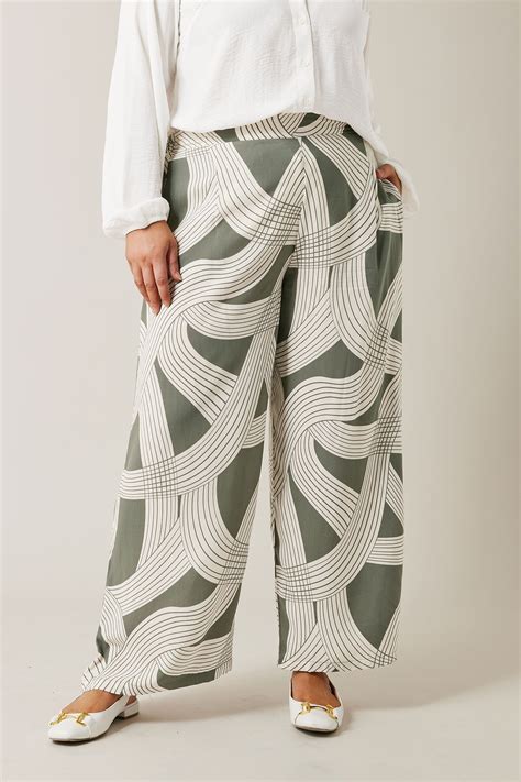 EVANS Plus Size Olive Green Linear Print Wide Leg Trousers | Evans
