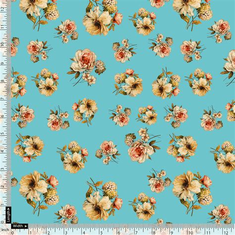 Pure Cotton Digital Printed Fabric - Floral, Turquoise, Unstitched ...