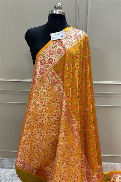 Mustard and Orange Jungli Jaal Katan Silk Banarasi Saree – Mohsin Textiles