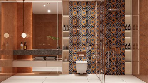 Terracotta & Blue Moroccan Tile Accent in Modern Bathroom