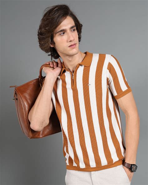 IDENTITI Brown Half Sleeve Striped Slim Fit Cotton Casual Polo T-Shirt