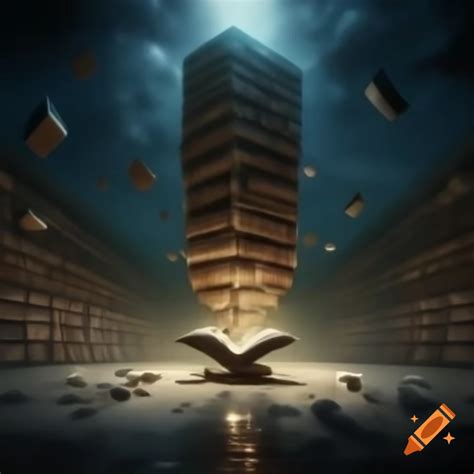 Giant ancient library transforming into glowing sentence in surreal ...