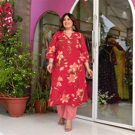 Red & Peach Floral Printed Cotton Kurta | The Plus Size Store (XS-10XL)