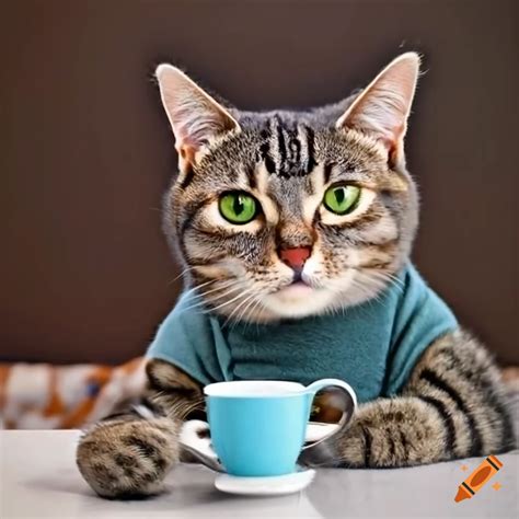 Cute gray tabby cat drinking coffee