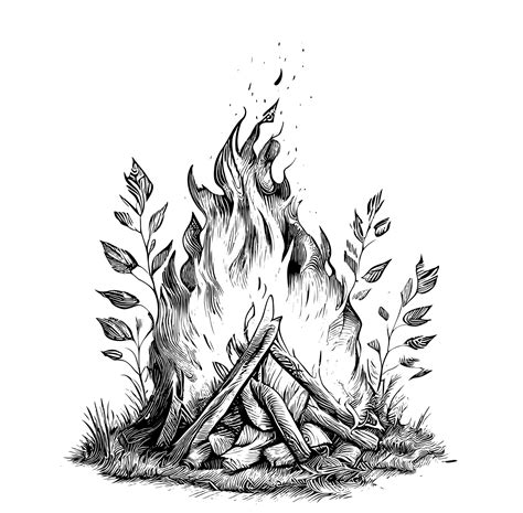 Premium Vector | A drawing of a campfire with leaves on the top.