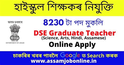 Assam High School Teacher Recruitment 2024 – 8230 Graduate Teacher ...