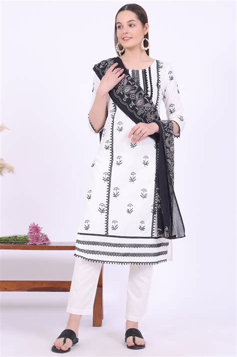 Buy White Embroidered Cotton Blend Straight Kurta with Trousers ...