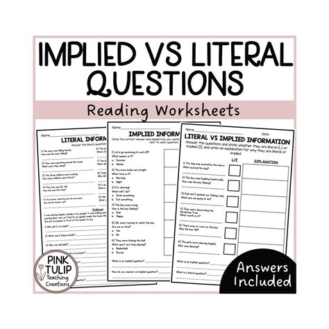 Implied Vs Literal Questions - Worksheets With Answers - Etsy