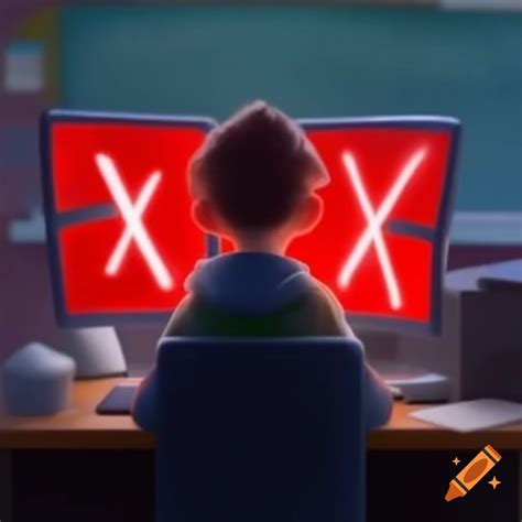 Student using school computer with three red X marks on monitor on Craiyon