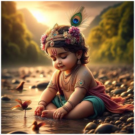 V2H Decore Baby Krishna Play With Lotus God Wall Poster For Pooja Room ...