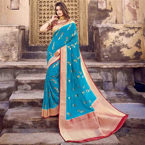 Sky Blue And Red Floral Pattern Zari Jacquard Bordered Art Tussar Silk ...