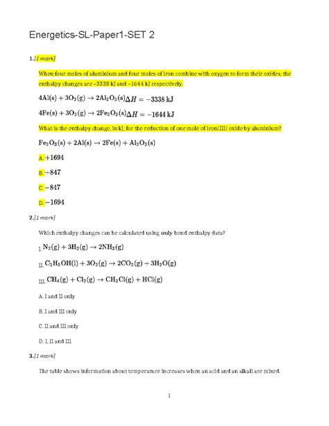 Energetics-SL-Paper 1-SET 2 - [1 mark] When four moles of aluminium and ...