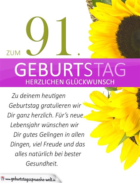 Schlichte Geburtstagskarte mit Sonnenblumen zum 91. Geburtstag ...
