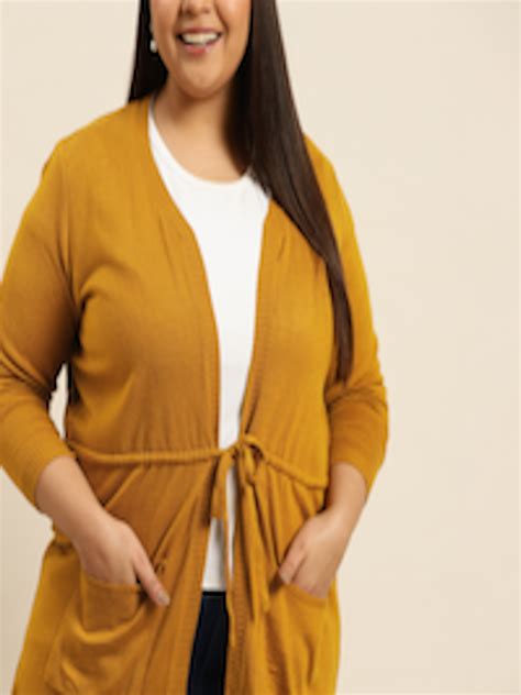 Buy Sztori Women Plus Size Mustard Yellow Solid Longline Front Open ...